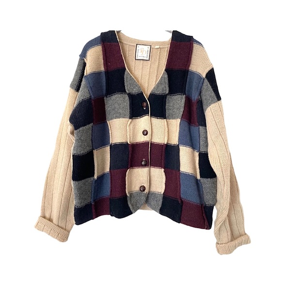 Vintage Sweaters - Vintage 90s Patchwork Knit Oversized Slouchy Cardigan V-Neck Geometric Wool L/XL